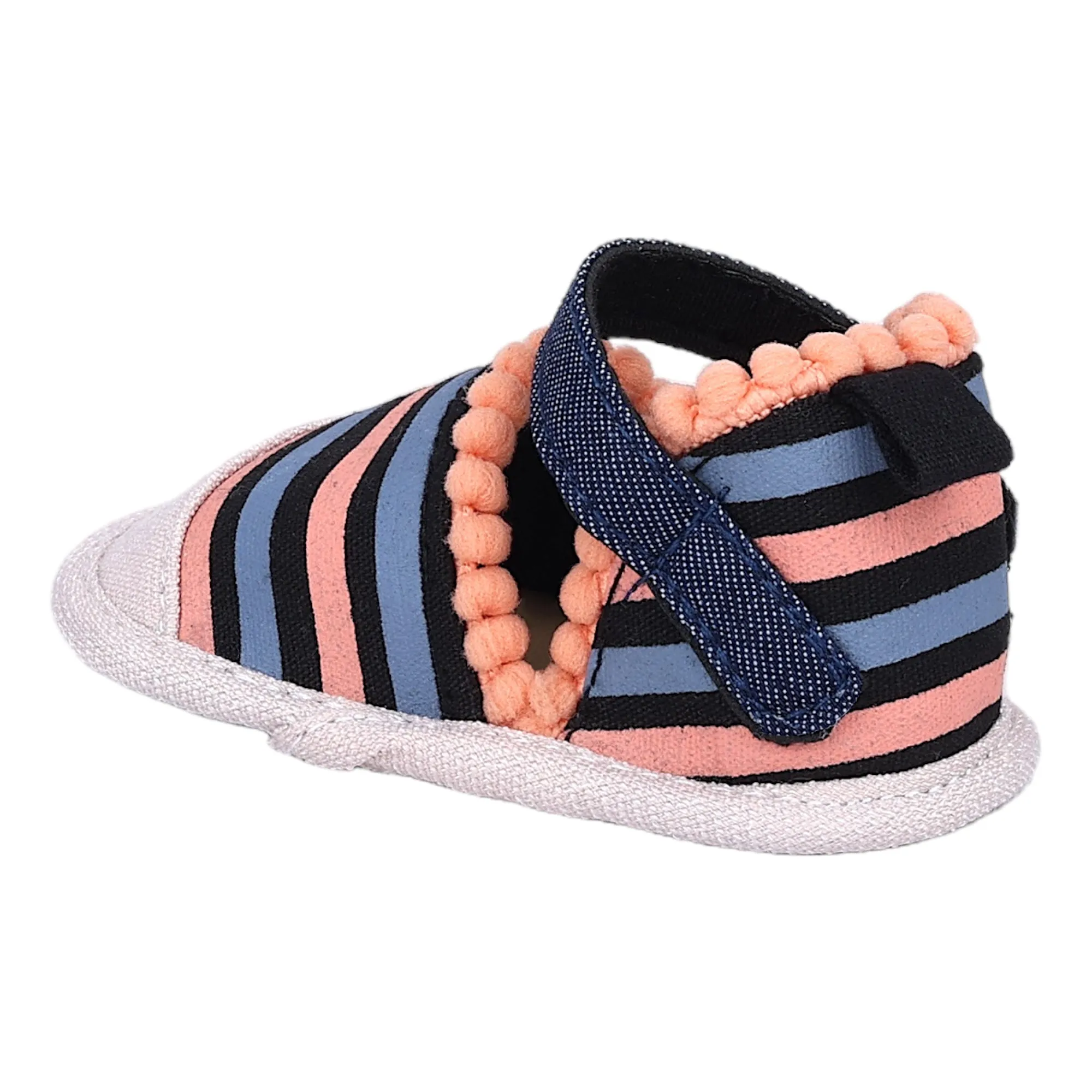 Baby Moo Striped Handmade Pom Pom Trim Velcro Straps Anti-Skid Sandals - Peach, Black