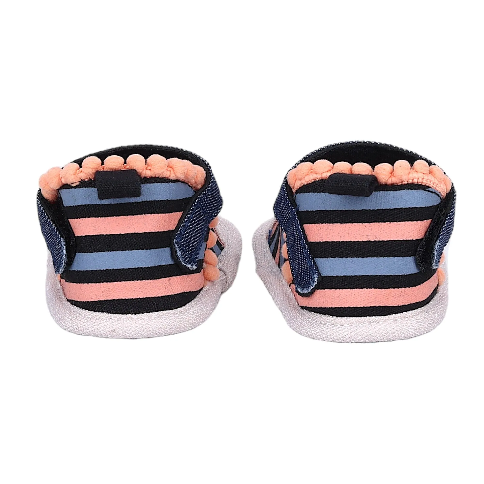 Baby Moo Striped Handmade Pom Pom Trim Velcro Straps Anti-Skid Sandals - Peach, Black