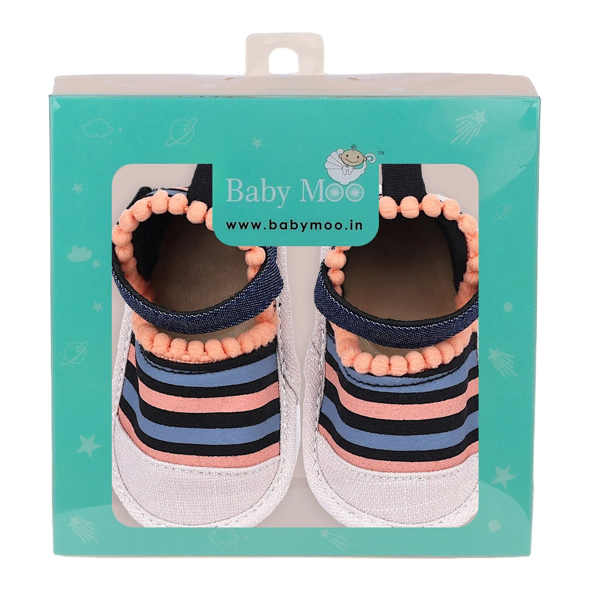 Baby Moo Striped Handmade Pom Pom Trim Velcro Straps Anti-Skid Sandals - Peach, Black