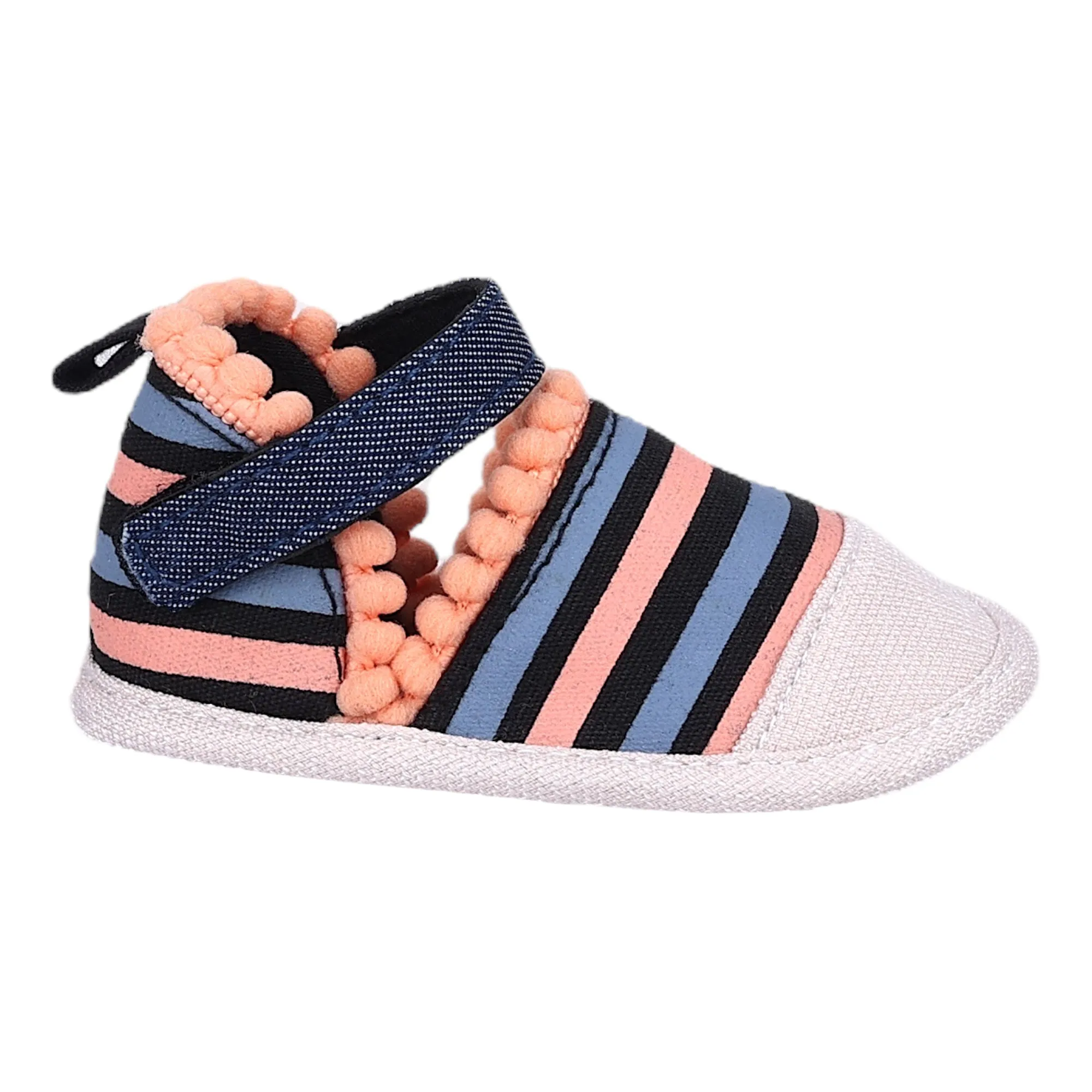 Baby Moo Striped Handmade Pom Pom Trim Velcro Straps Anti-Skid Sandals - Peach, Black