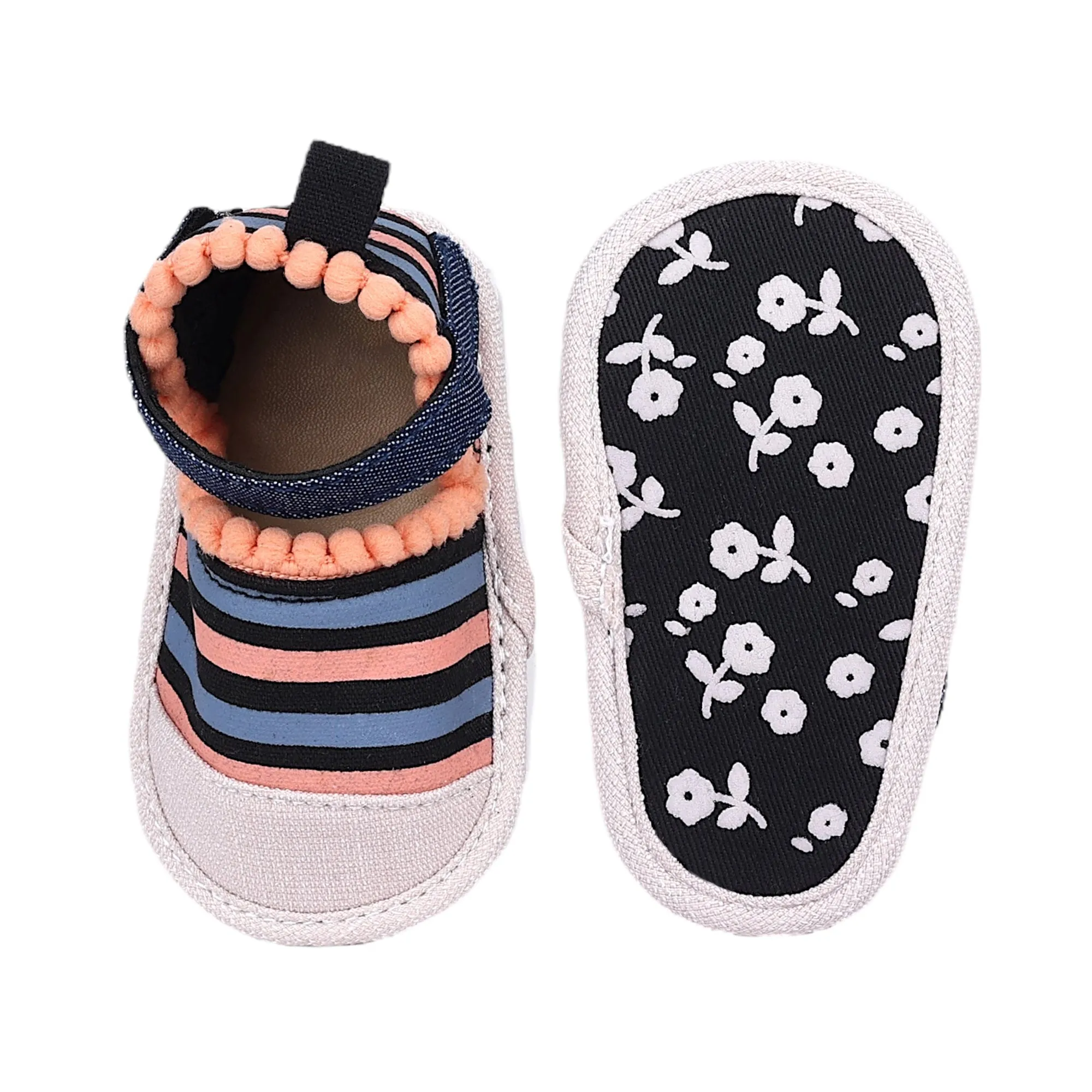 Baby Moo Striped Handmade Pom Pom Trim Velcro Straps Anti-Skid Sandals - Peach, Black