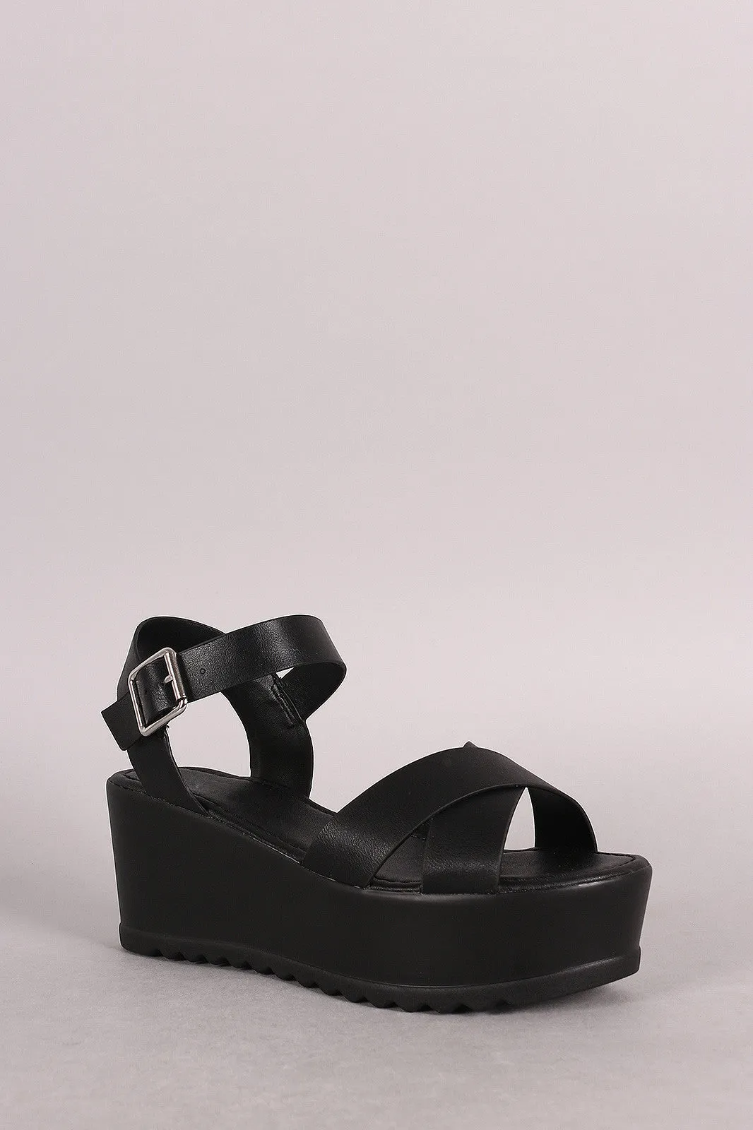 Bamboo Crisscross Ankle Strap Lug Sole Fatform Wedge