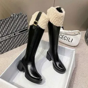 Belt Buckle Plush Fur Edge Knee High Gothic Platform Boots