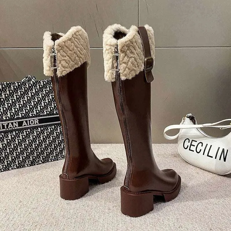 Belt Buckle Plush Fur Edge Knee High Gothic Platform Boots