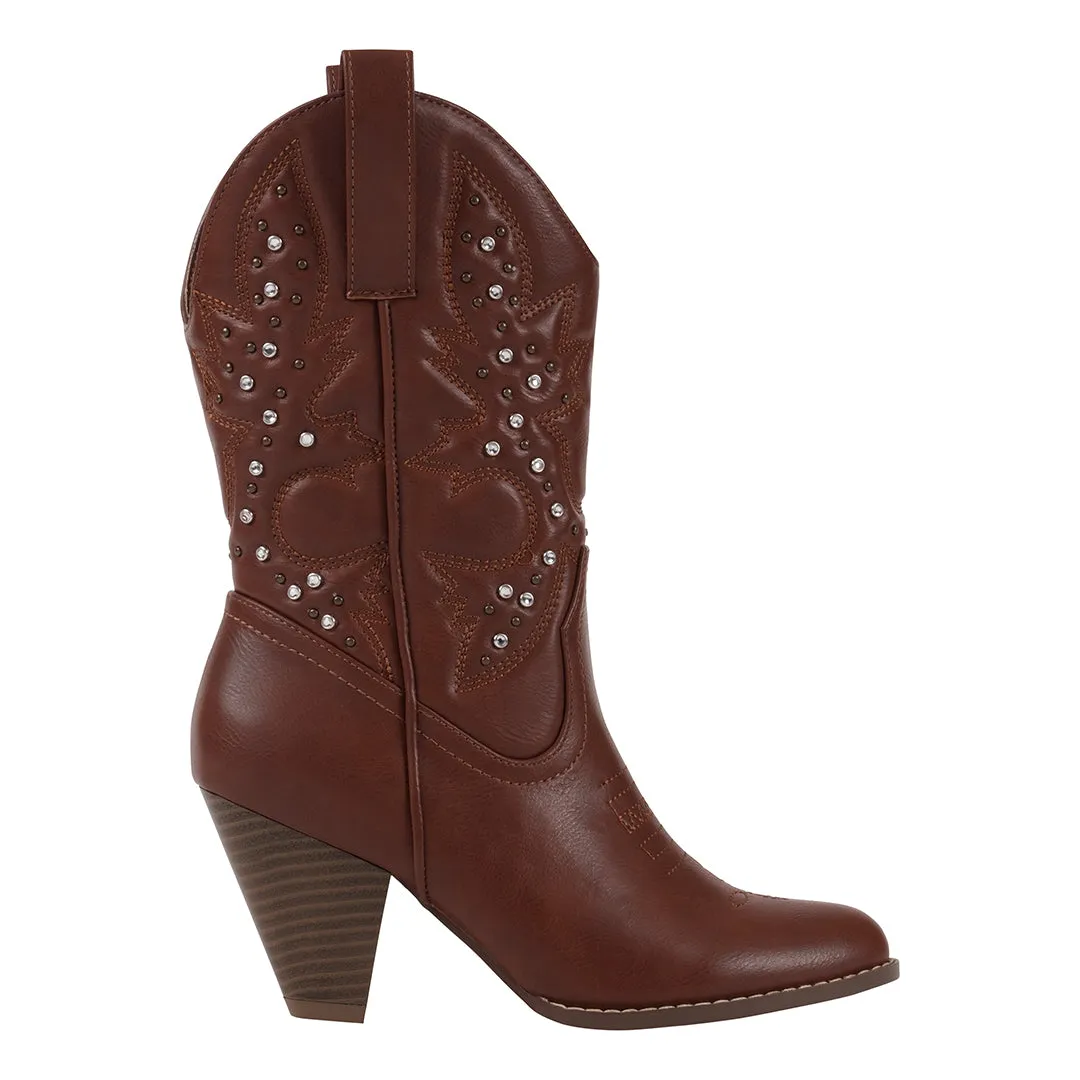 Beth Cognac Booties with Rhinestones