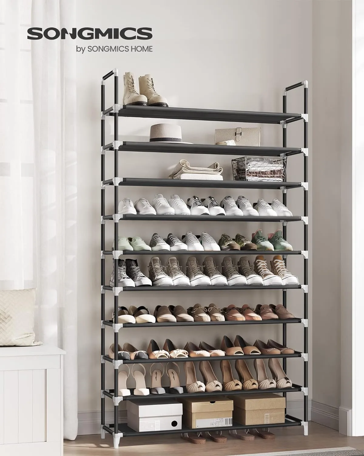 Black 10-Tier Metal Shoe Rack for 50 Pairs, Non-Woven Fabric Shelves - SONGMICS