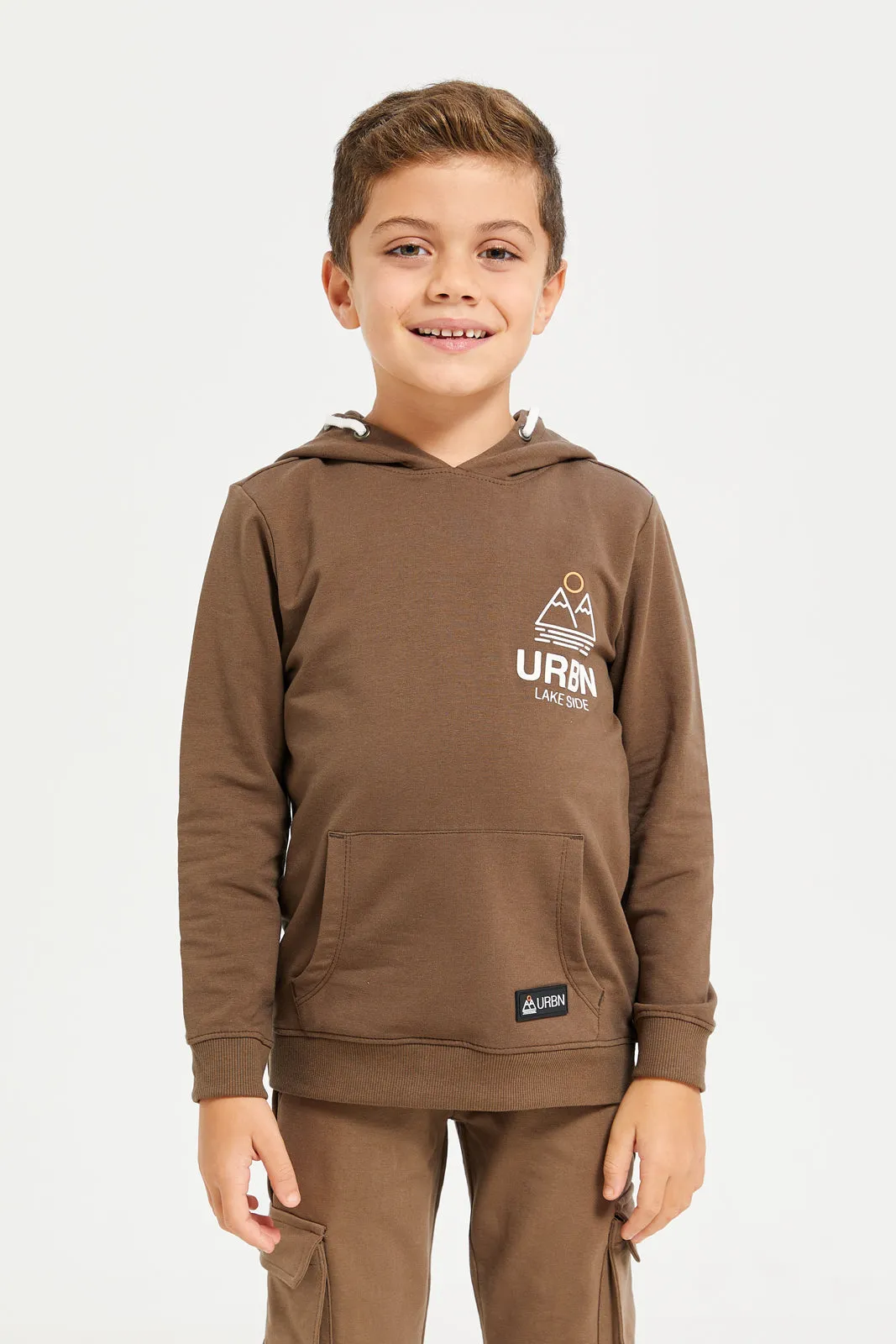 Boys Brown Printed Hooded Sweatshirt