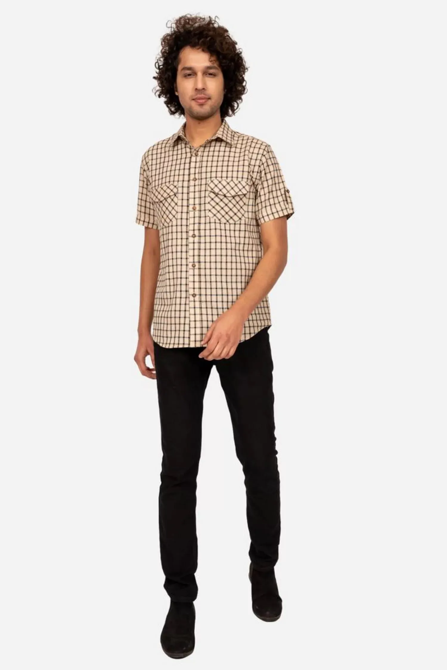 Cream And Black Checked Cotton Half Sleeve Shirt