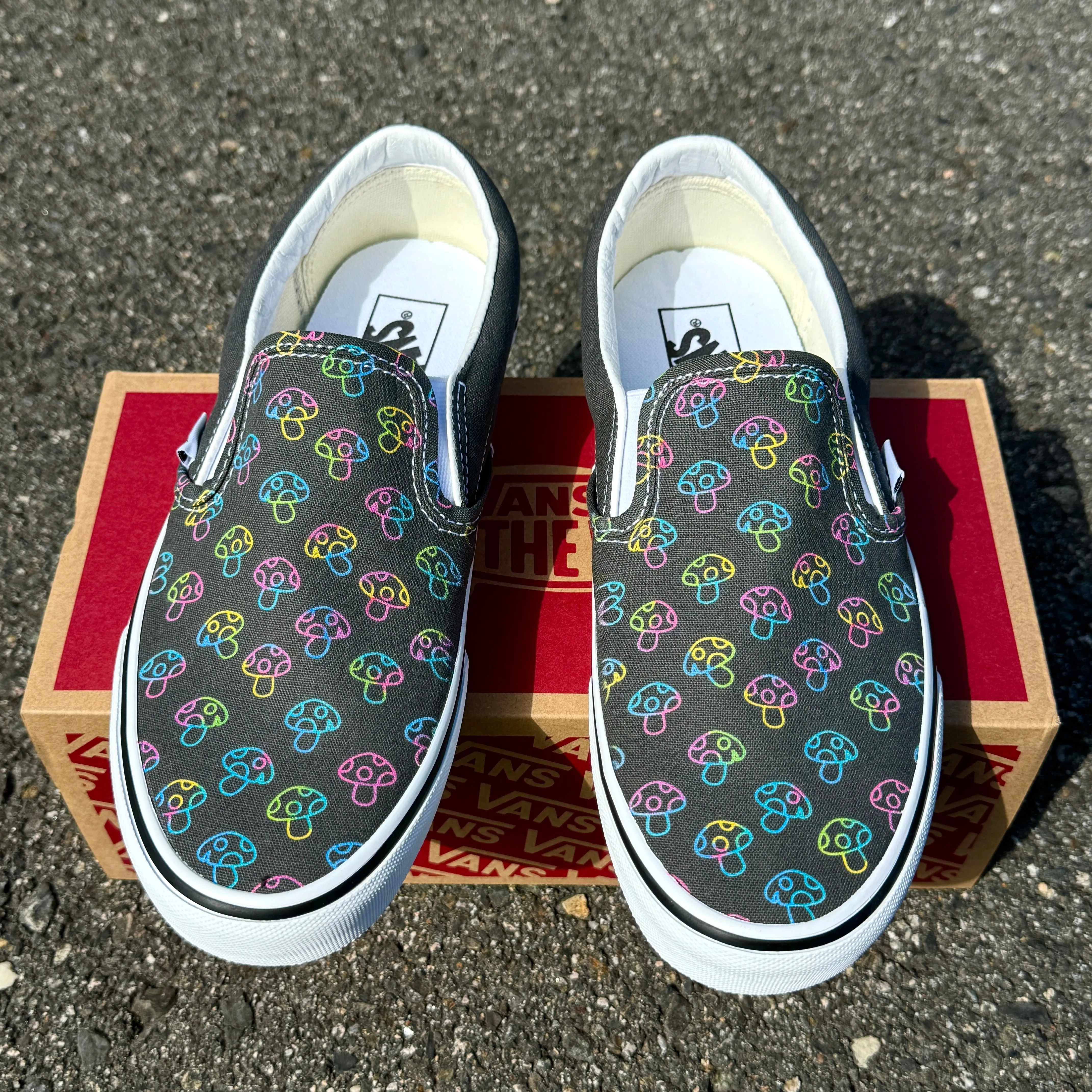 Custom Vans Mushy Mushroom - Charcoal Slip On Shoes - Custom Vans Shoes