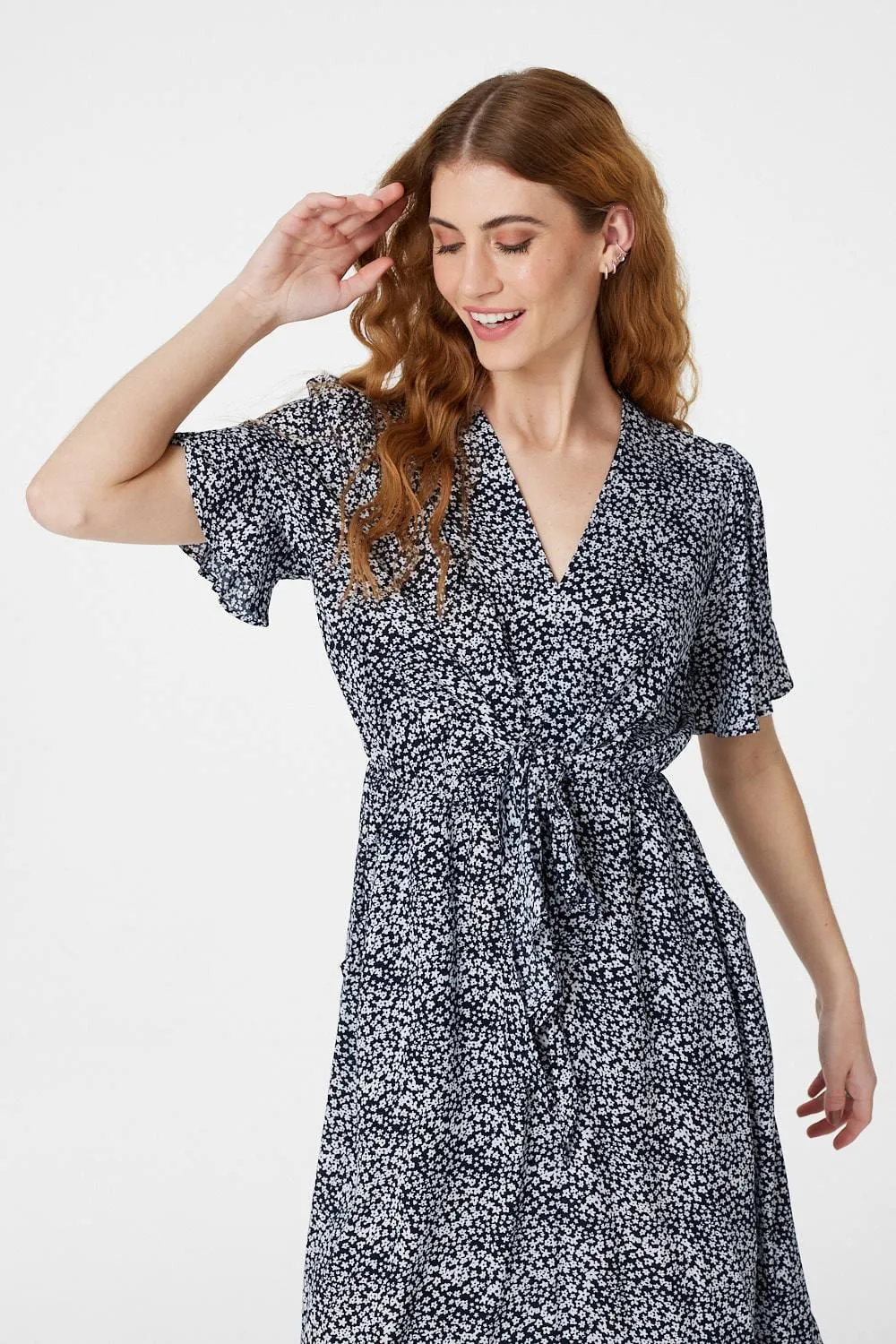 Ditsy Print Tie Front Tea Dress