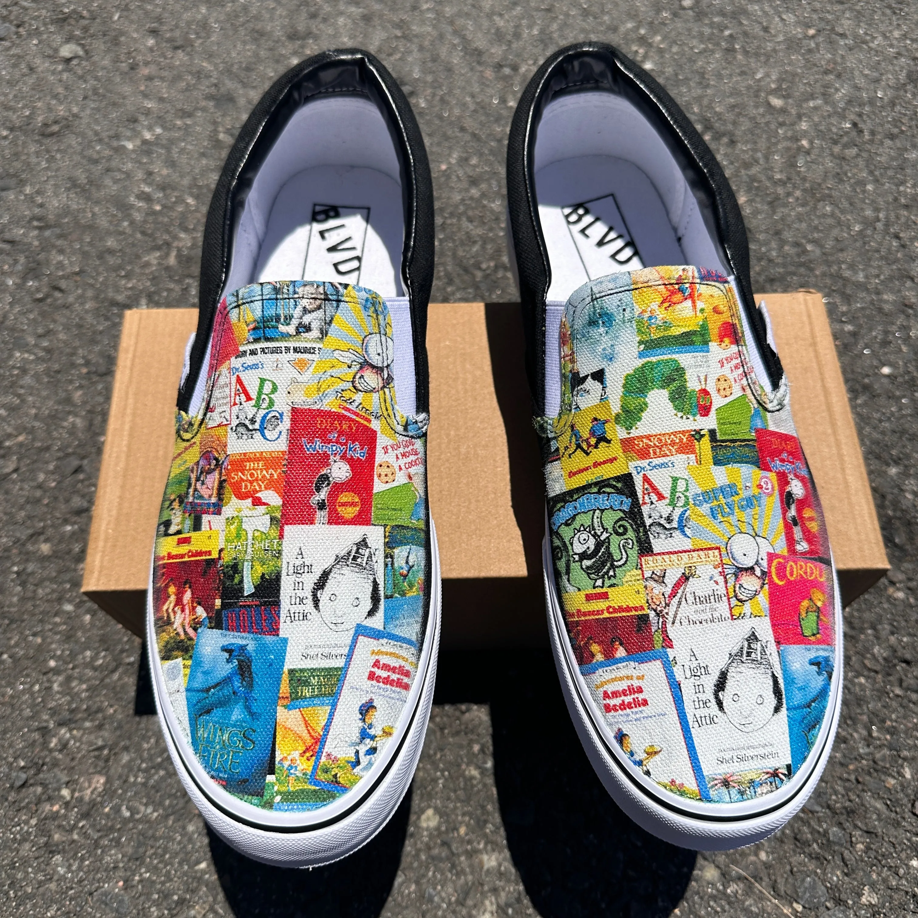 Elementary School Reading Custom Black Slip On Shoes with Favorite Books on BLVD Original Slip On Shoes for Men and Women