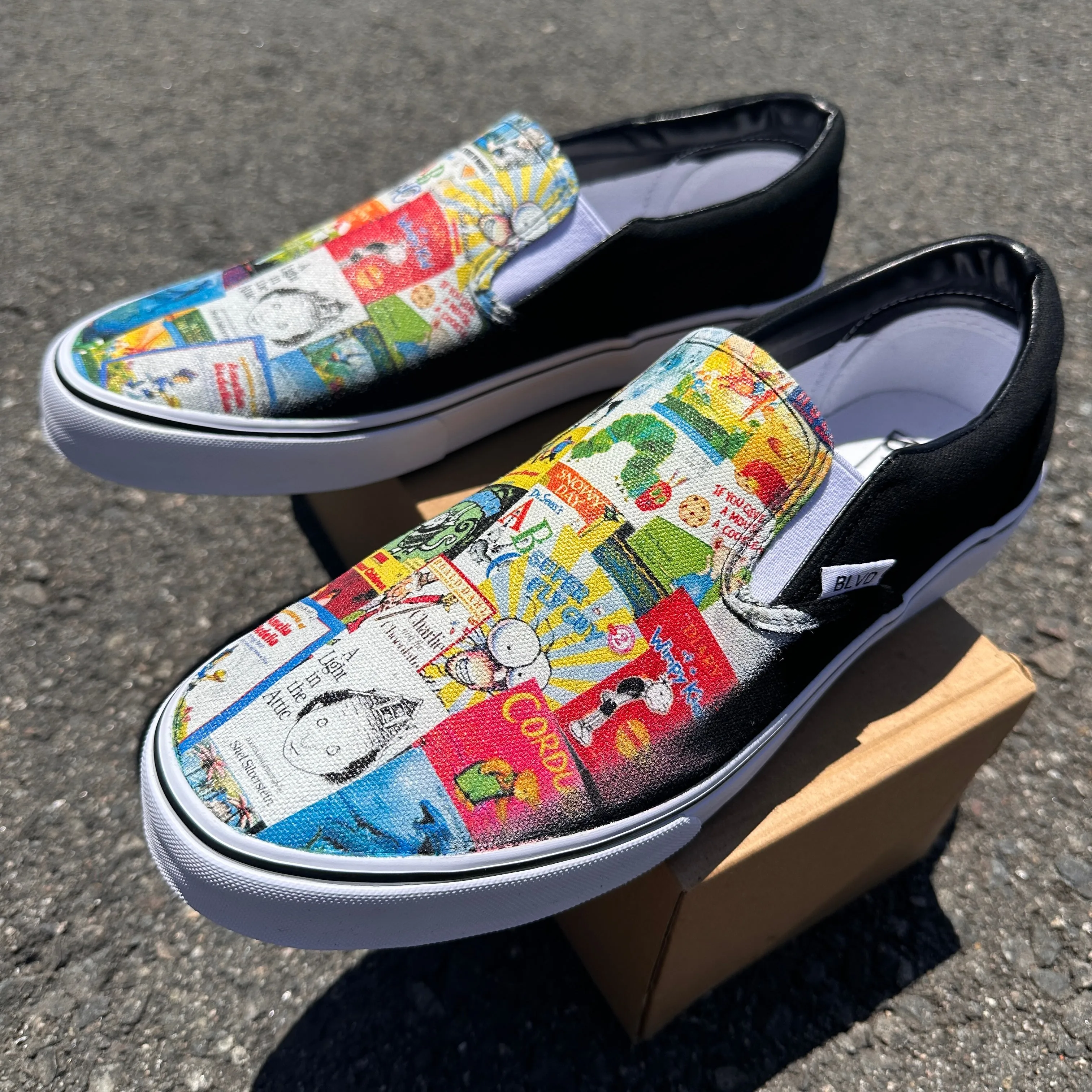 Elementary School Reading Custom Black Slip On Shoes with Favorite Books on BLVD Original Slip On Shoes for Men and Women