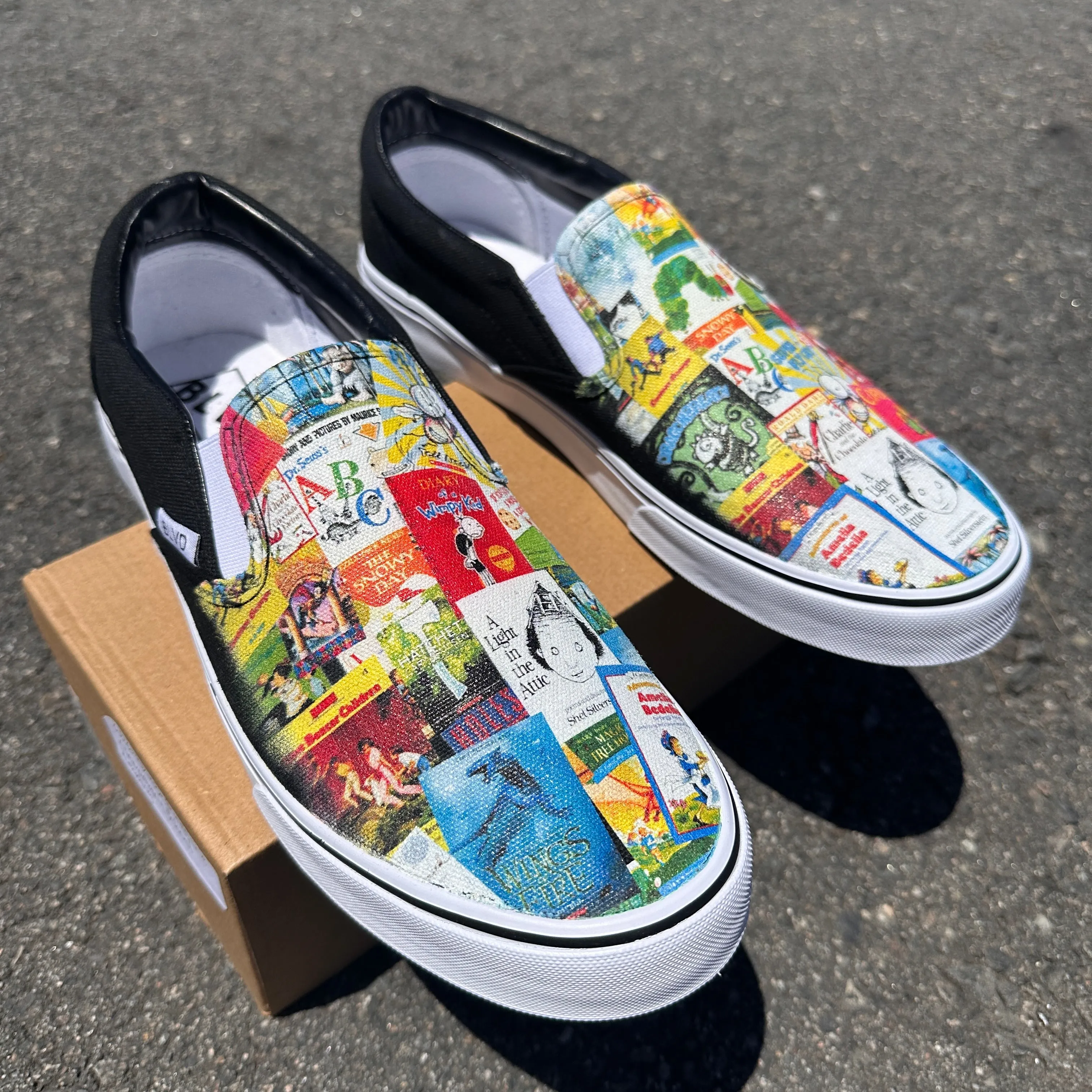 Elementary School Reading Custom Black Slip On Shoes with Favorite Books on BLVD Original Slip On Shoes for Men and Women