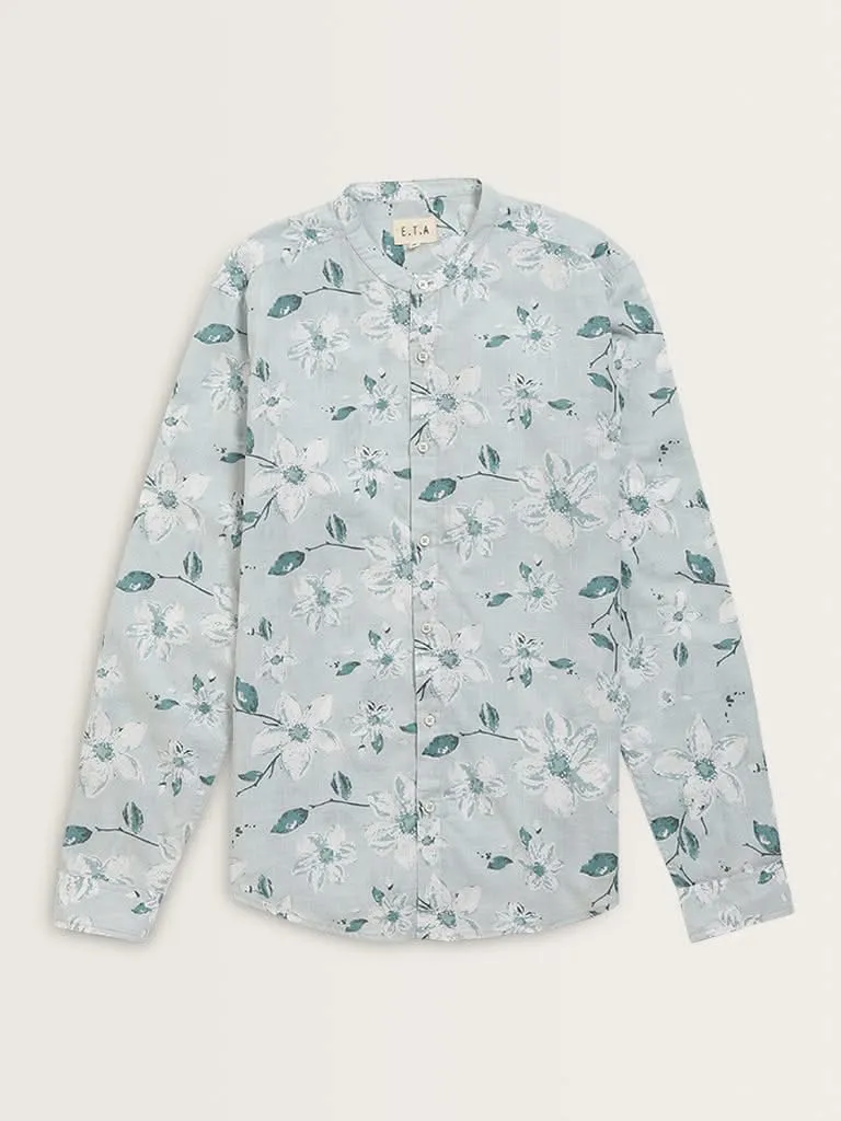 ETA Light Teal Floral Printed Cotton Resort Fit Shirt