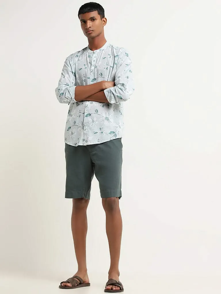 ETA Light Teal Floral Printed Cotton Resort Fit Shirt