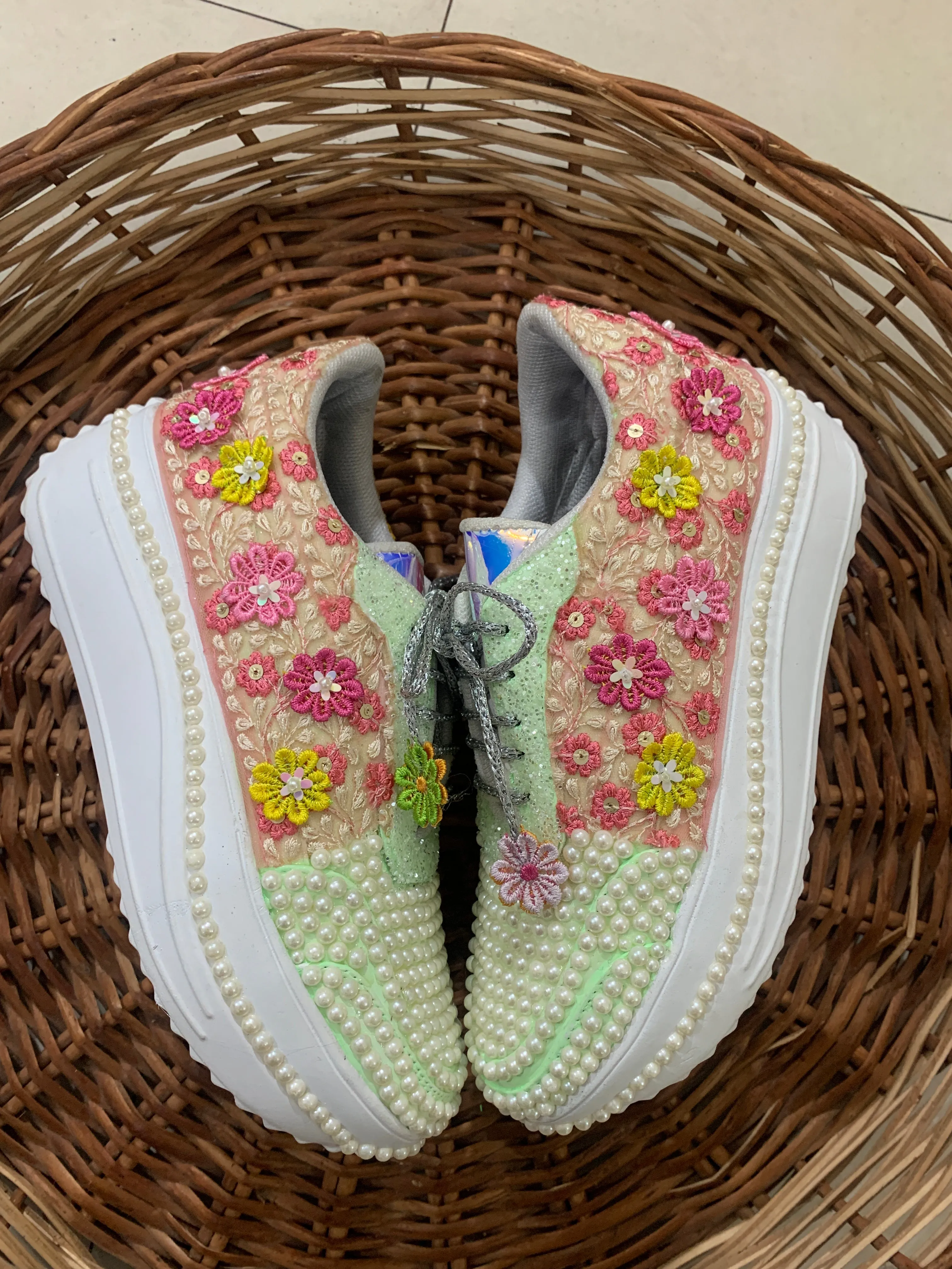 FUNKY N TRENDY pearl theme multi colored sneakers with 3d flowers / multi colored sneakers / yellow sneakers