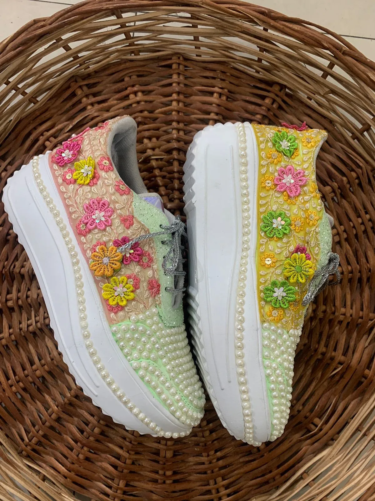 FUNKY N TRENDY pearl theme multi colored sneakers with 3d flowers / multi colored sneakers / yellow sneakers