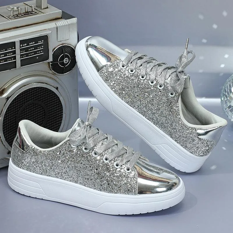 Glitter Sequin Design Flats Shoes Women Trendy Casual Thick-soled Lace-up Sneakers Fashion Skateboard Shoes