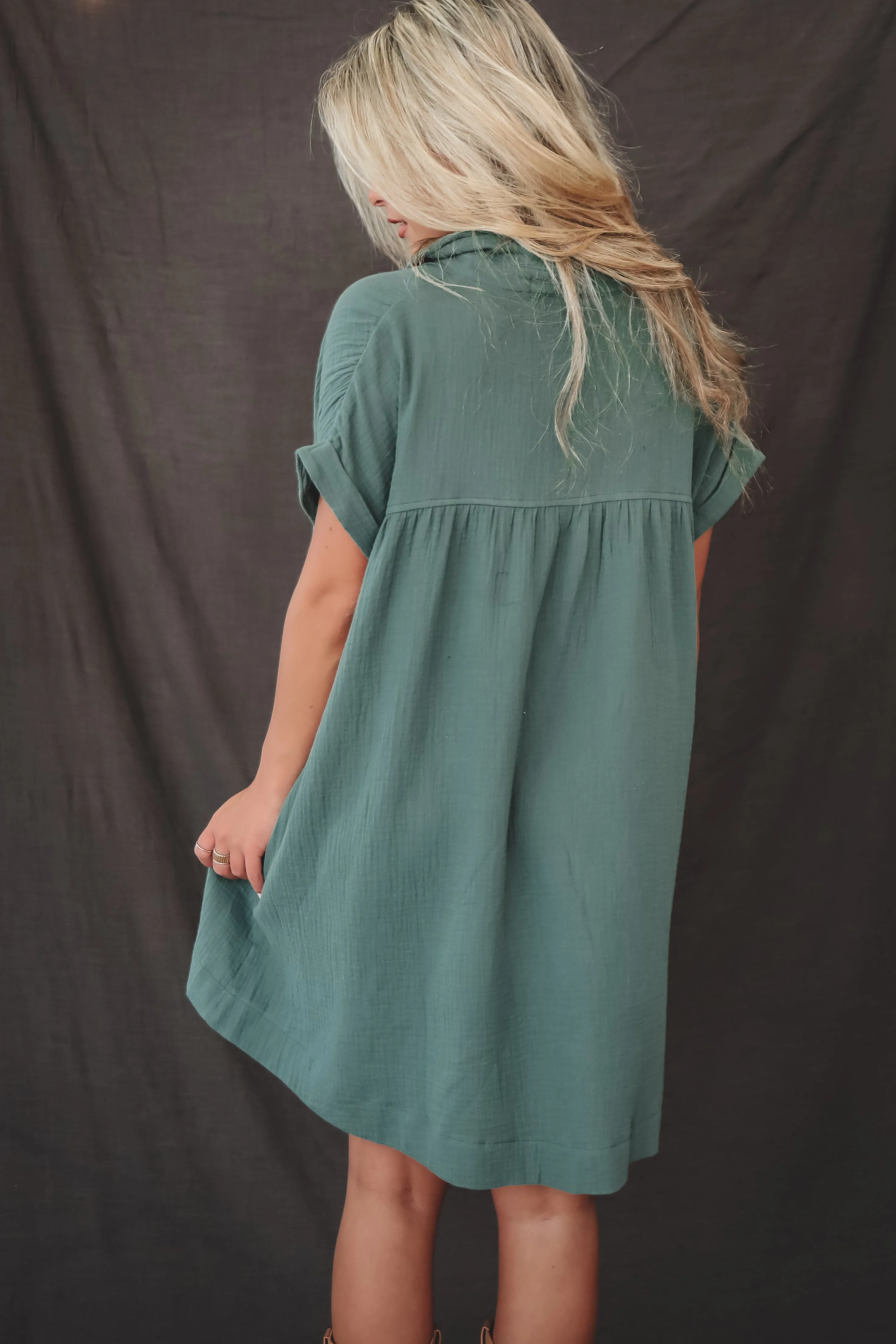 Hanging Out Tonight Green Linen Button Up Dress