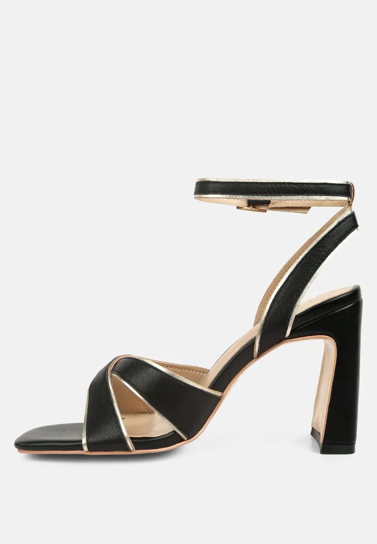 Heeri Black Metallic Lined Slim Block Heel Sandals