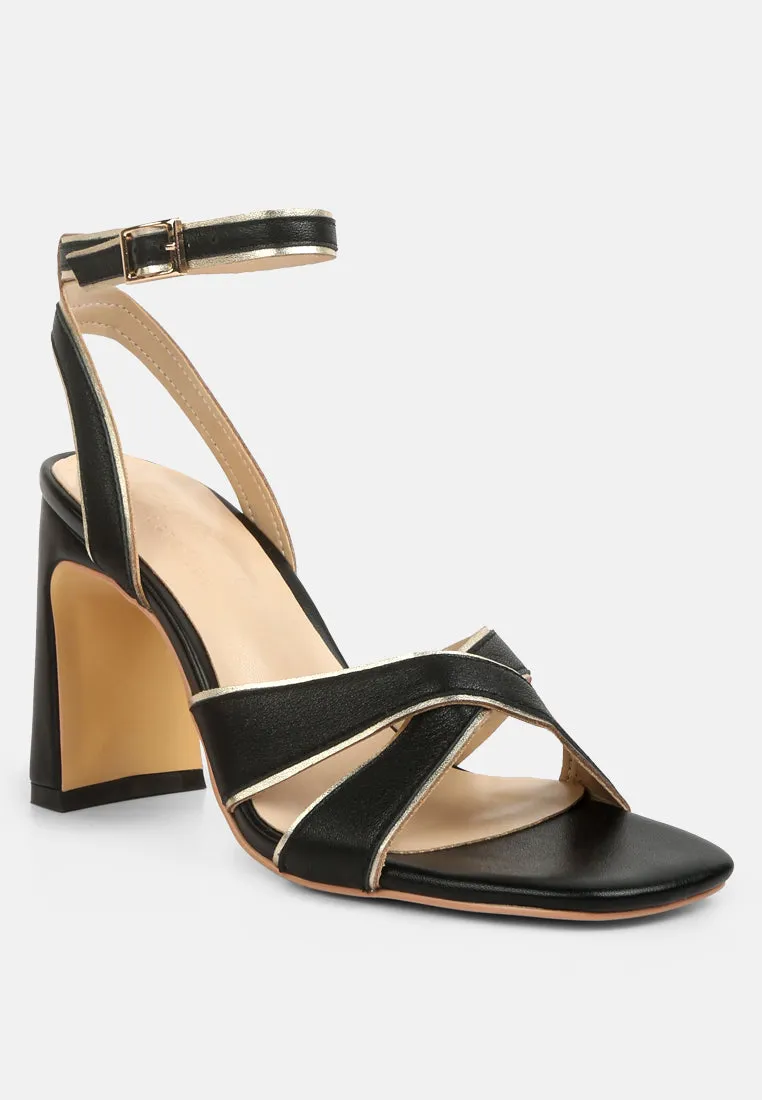 Heeri Black Metallic Lined Slim Block Heel Sandals