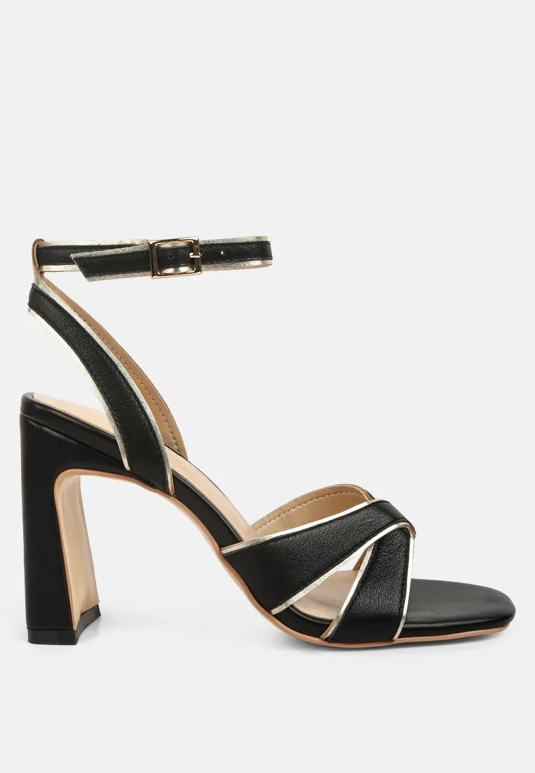 Heeri Black Metallic Lined Slim Block Heel Sandals