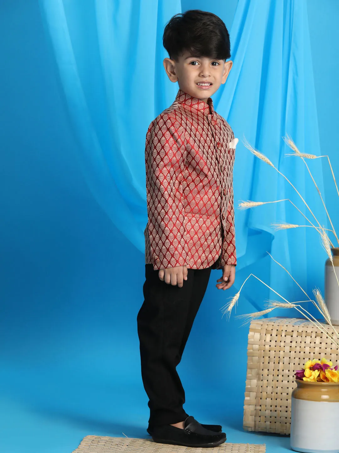 Jashvi Boy's Maroon Woven Silk Blend Jodhpuri