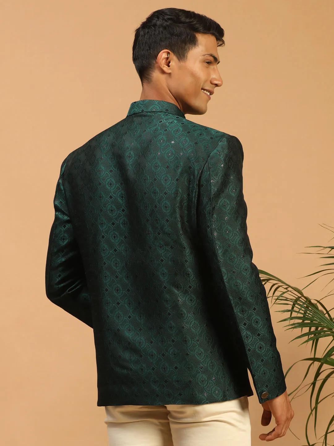 Jashvi Men's Green Silk Blend Jaccard Jodhpuri