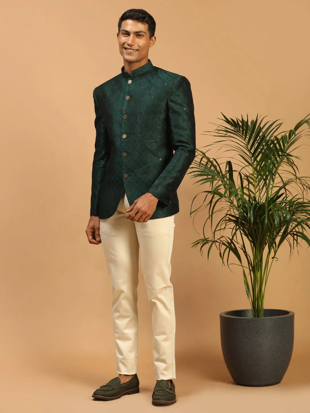 Jashvi Men's Green Silk Blend Jaccard Jodhpuri