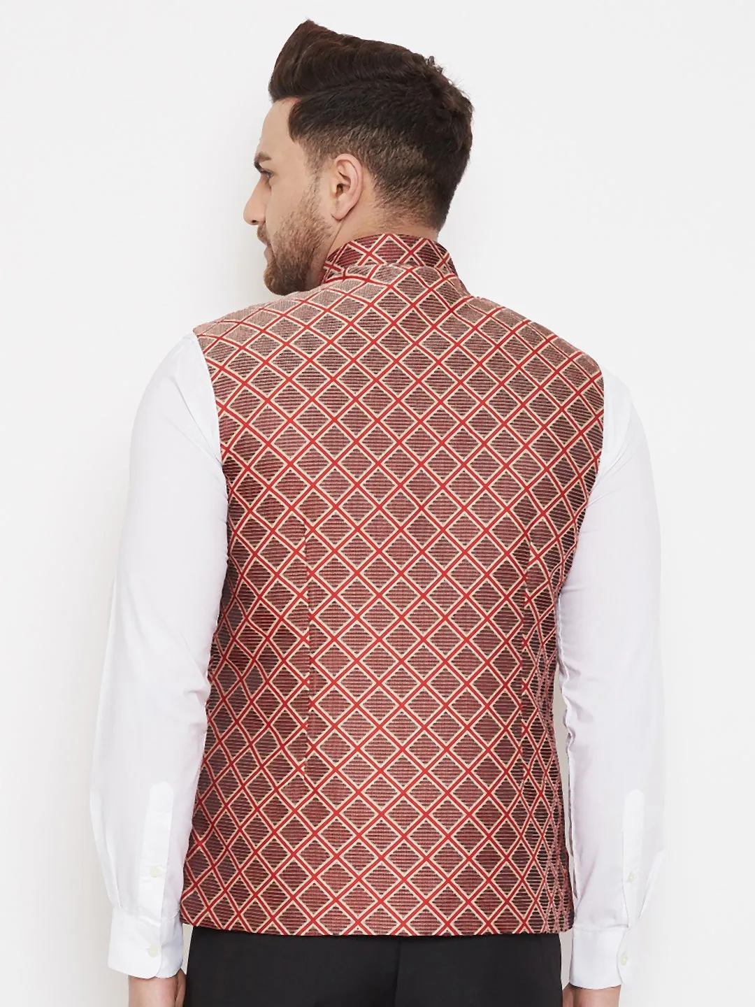 Jashvi Men's Red Jute Cotton Zipper Nehru Jacket