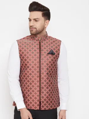 Jashvi Men's Red Jute Cotton Zipper Nehru Jacket