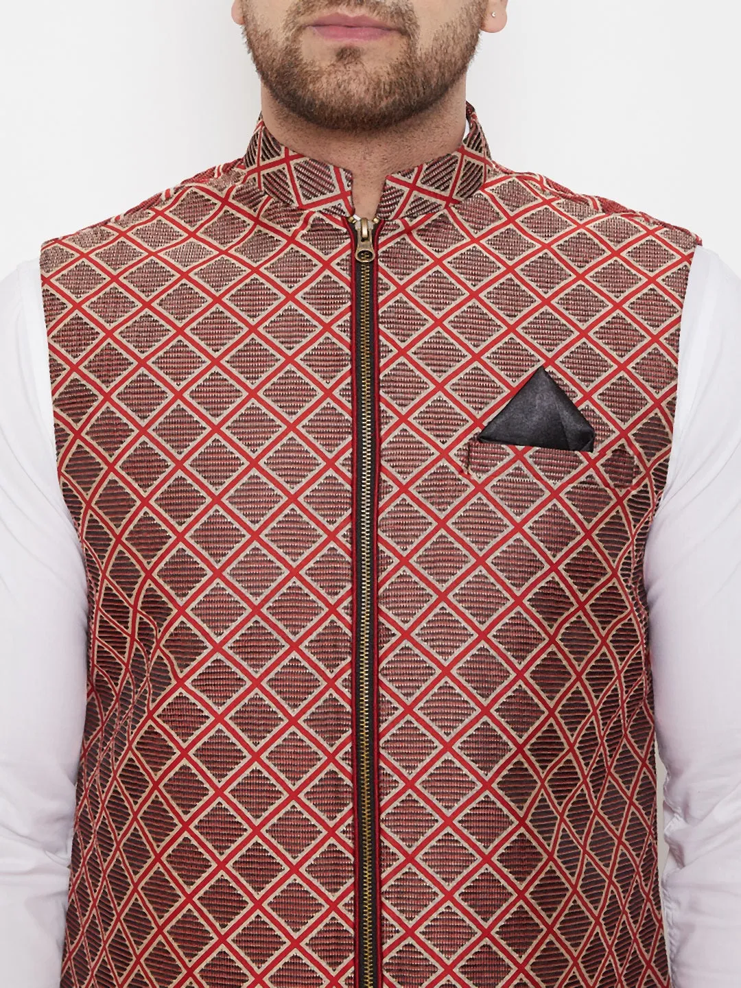 Jashvi Men's Red Jute Cotton Zipper Nehru Jacket