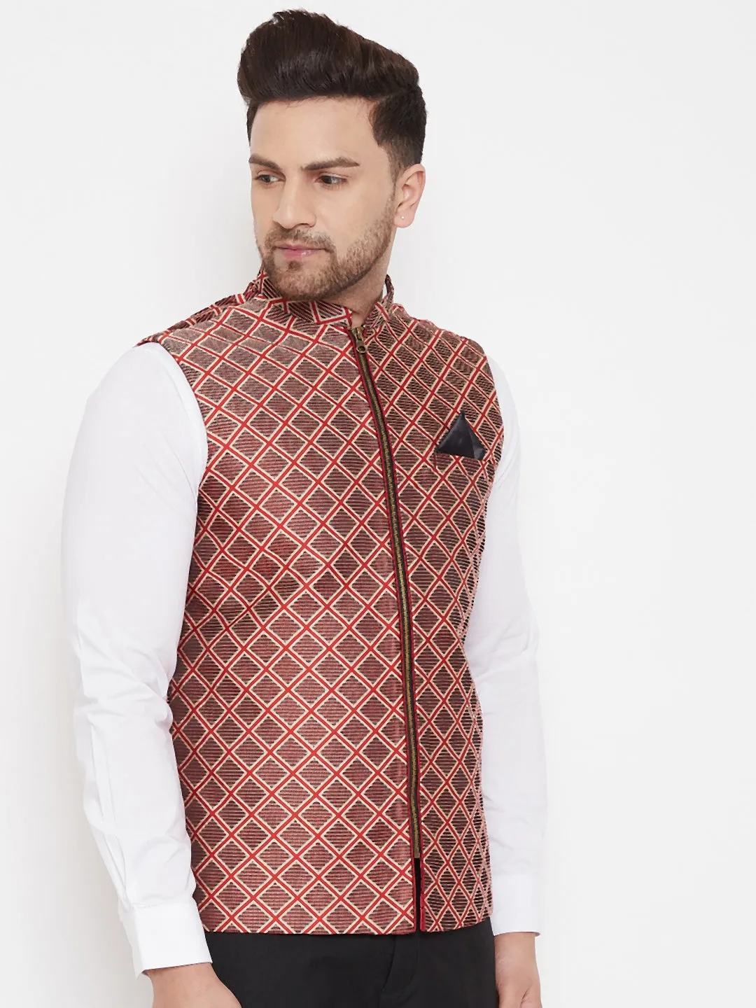 Jashvi Men's Red Jute Cotton Zipper Nehru Jacket