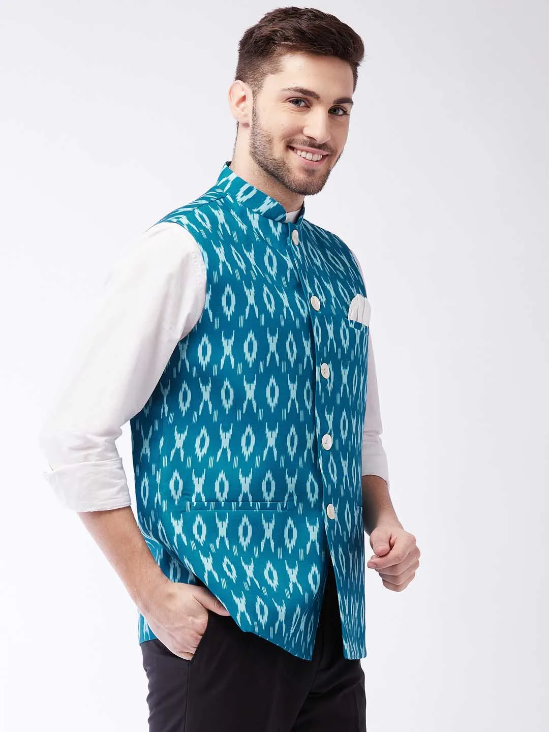 Jashvi Men's Turquoise Cotton Nehru Jacket