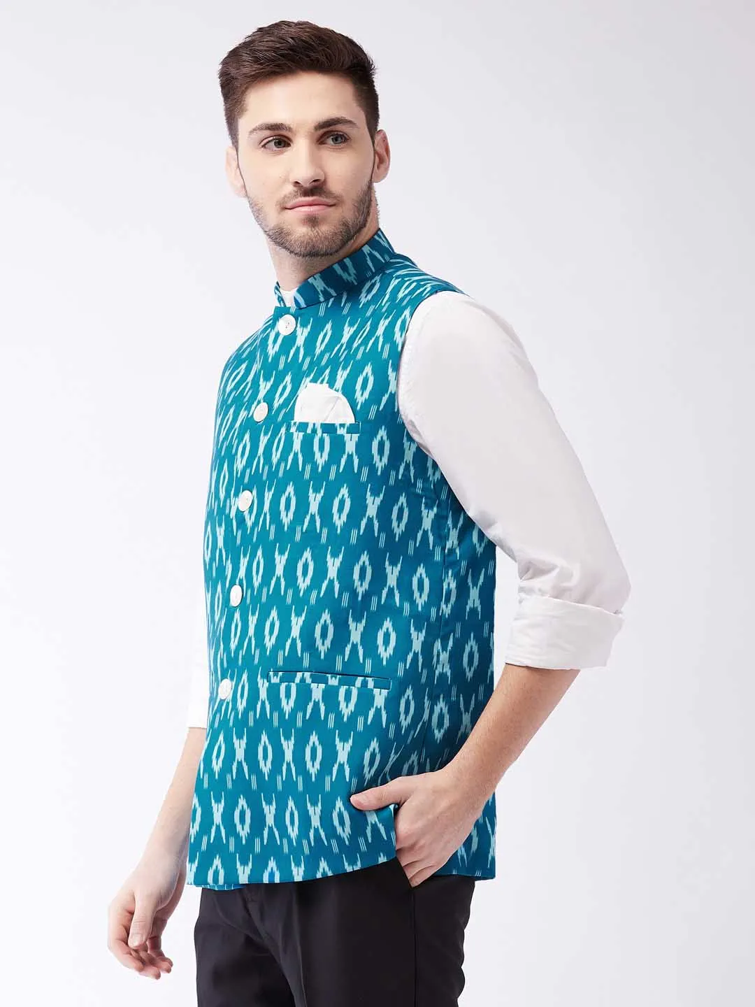 Jashvi Men's Turquoise Cotton Nehru Jacket