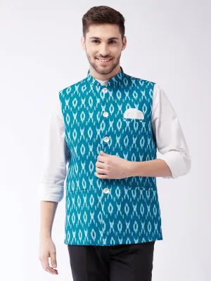 Jashvi Men's Turquoise Cotton Nehru Jacket