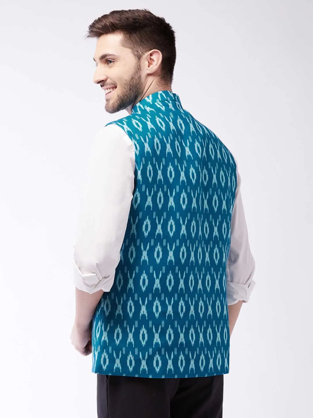 Jashvi Men's Turquoise Cotton Nehru Jacket