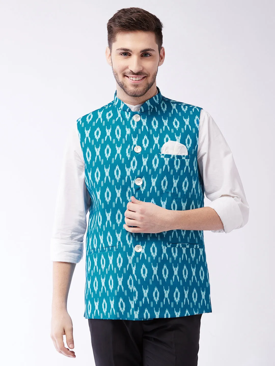 Jashvi Men's Turquoise Cotton Nehru Jacket