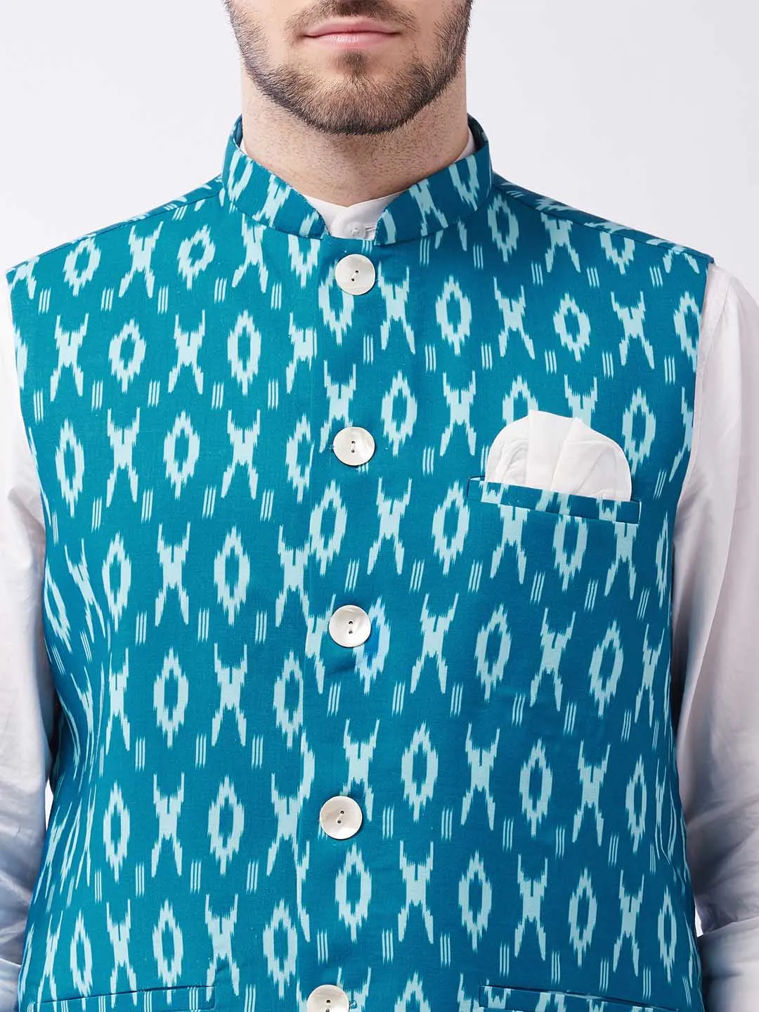 Jashvi Men's Turquoise Cotton Nehru Jacket