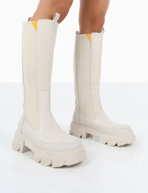 Kenza X Public Desire Survive White Pu Chunky Sole Orange Upper Knee High Boots