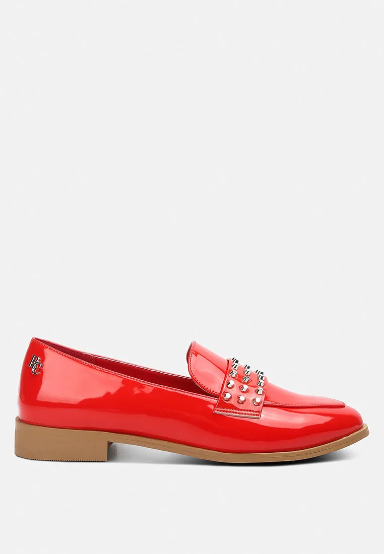 MEANBABE Semicasual Stud Detail Patent Loafers in Red