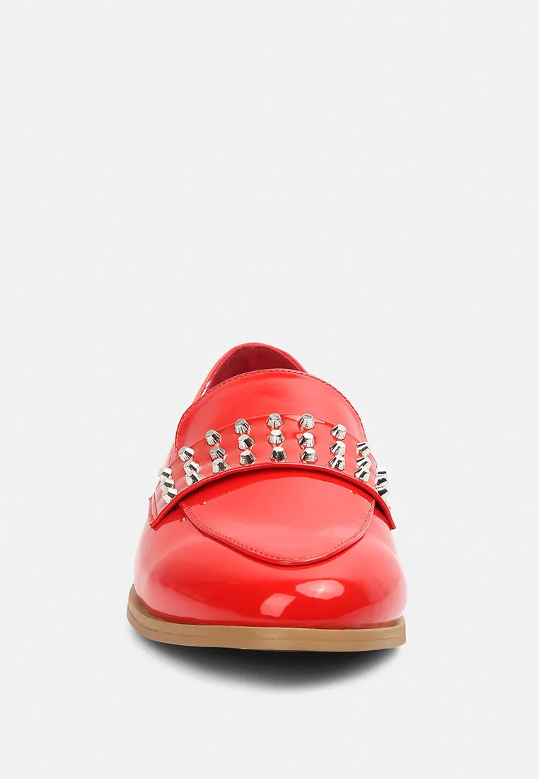 MEANBABE Semicasual Stud Detail Patent Loafers in Red