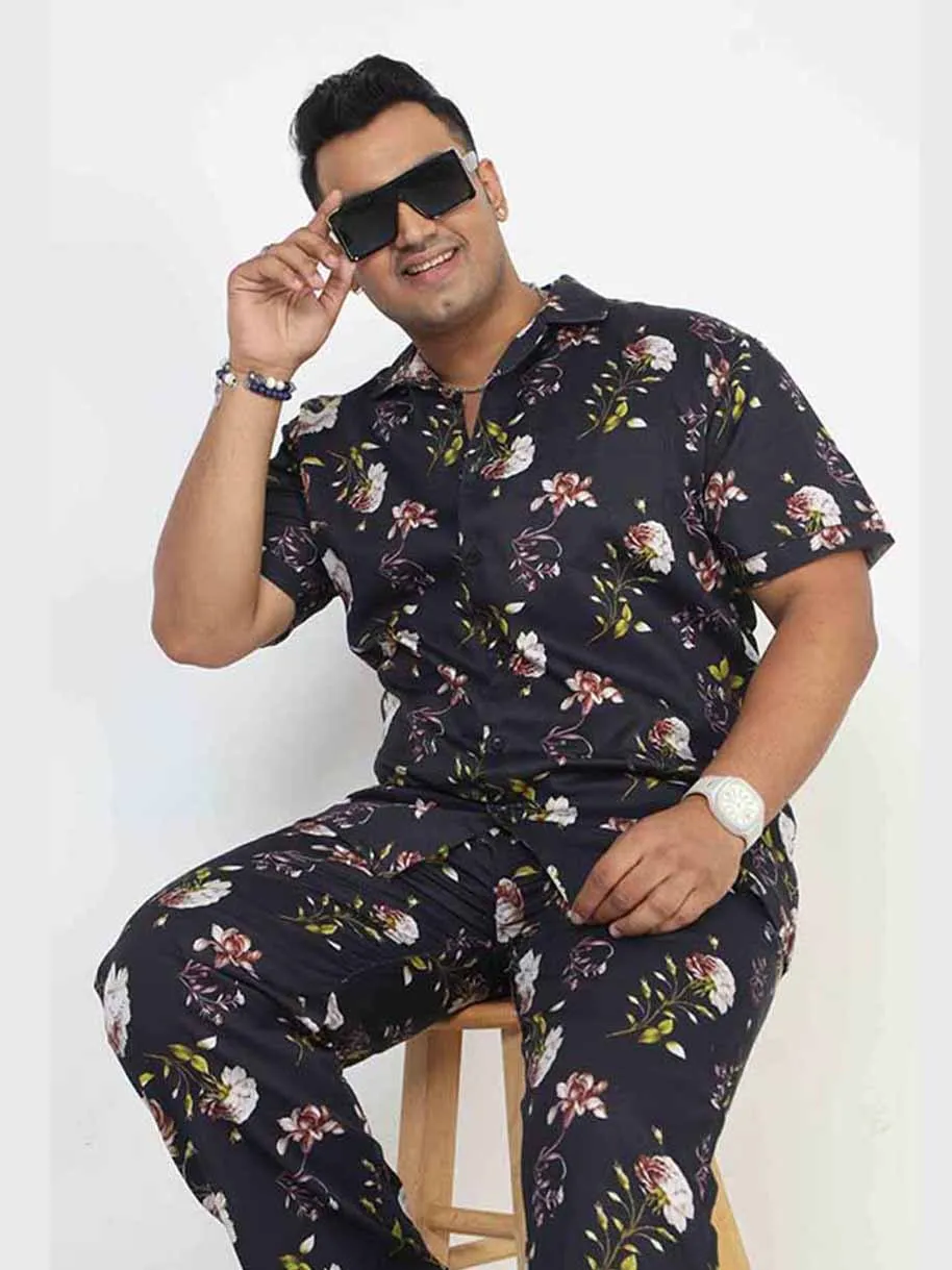 Men Plus Size Black Floral Printed FULL Sleeve Co-Ords