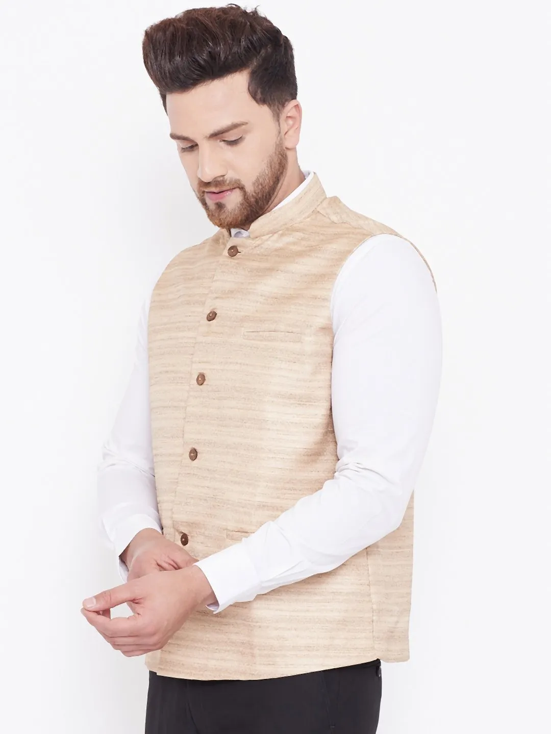 Men's Beige Silk Blend Nehru Jacket - Vastramay