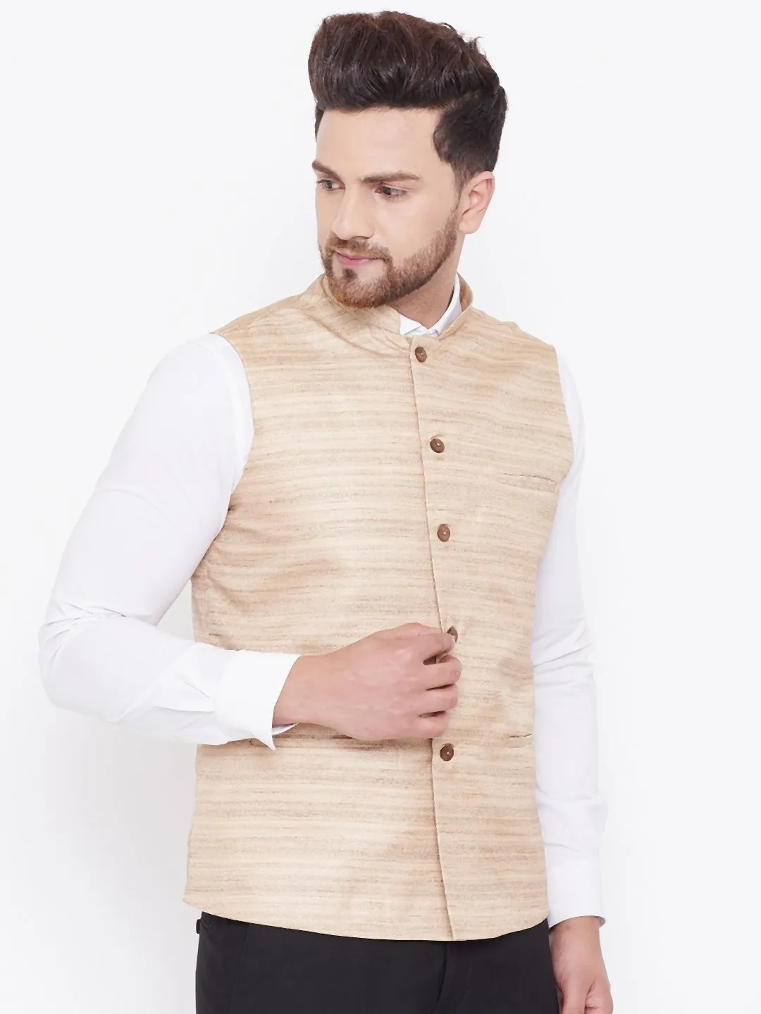 Men's Beige Silk Blend Nehru Jacket - Vastramay