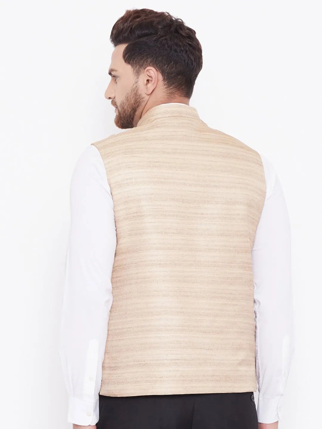 Men's Beige Silk Blend Nehru Jacket - Vastramay