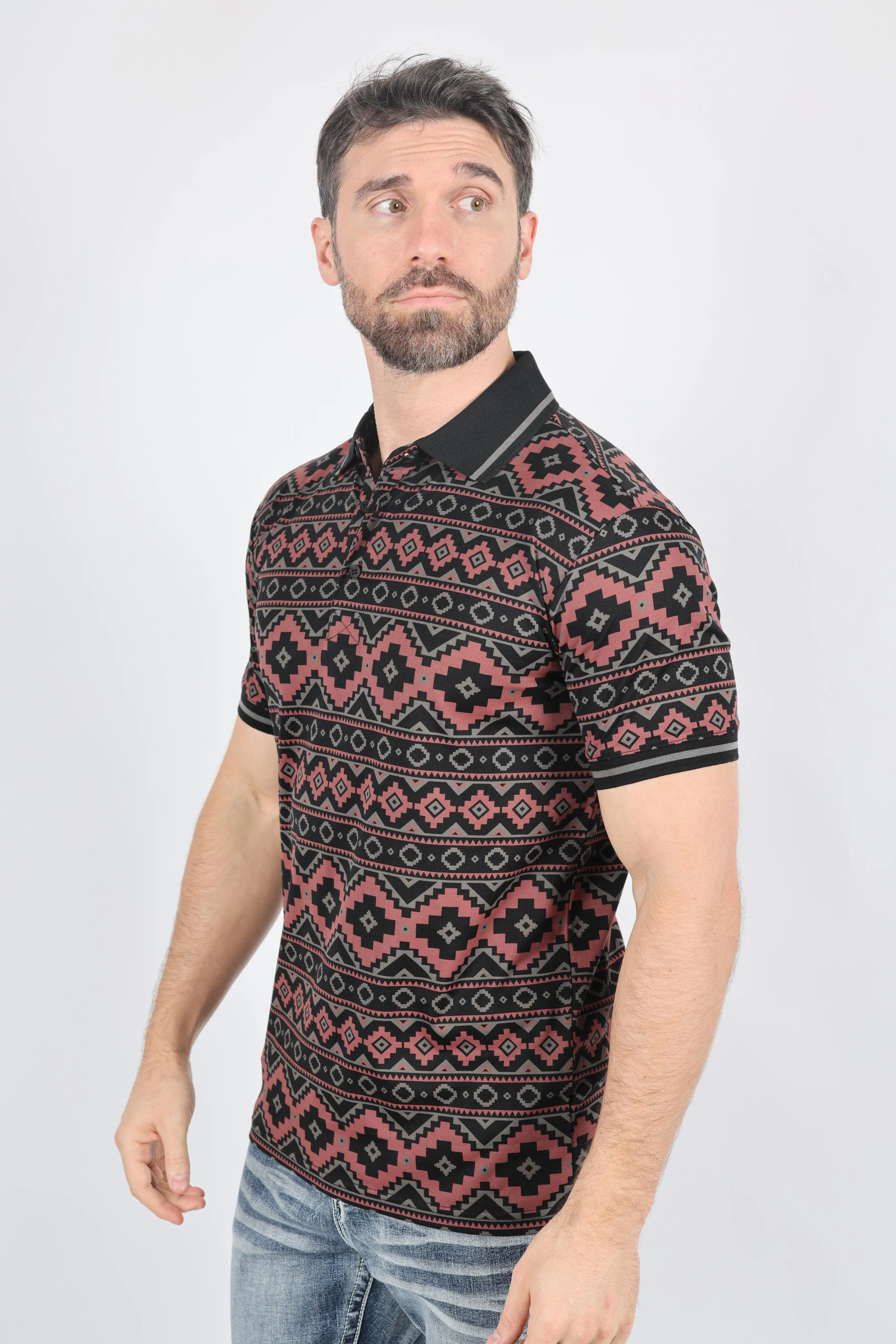 Mens Modern Fit Stretch Cotton Polo with Aztec Print