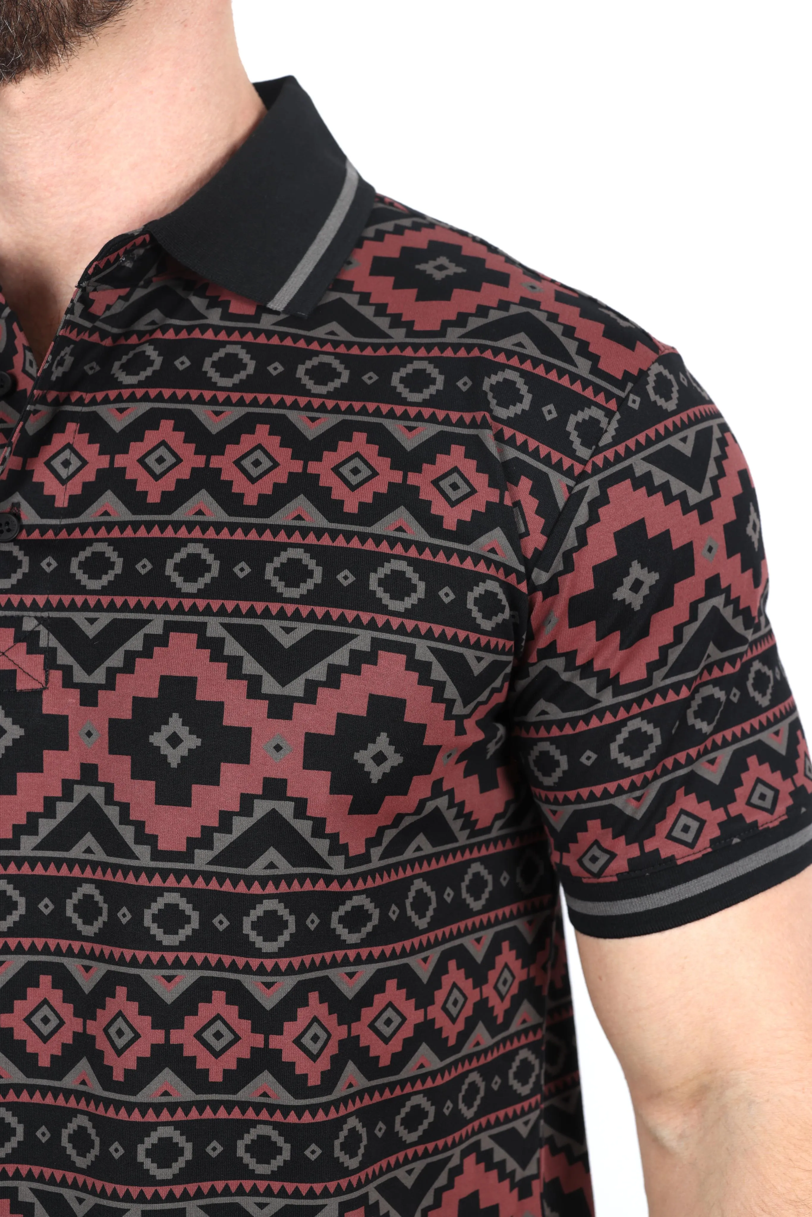 Mens Modern Fit Stretch Cotton Polo with Aztec Print