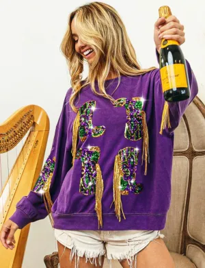 Nemesis Fringed Mardi Gras Boots Sequin Pullover