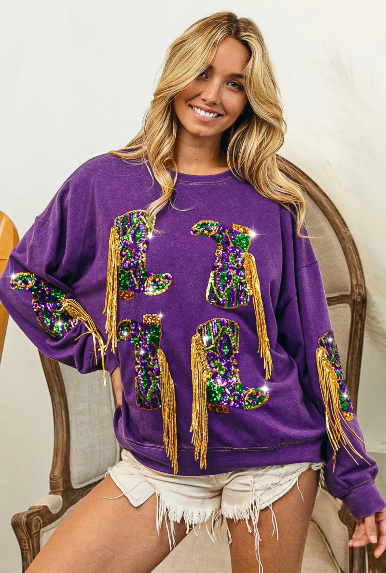 Nemesis Fringed Mardi Gras Boots Sequin Pullover